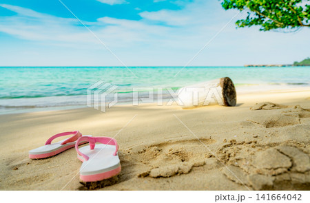 Tropical beach with pink sandals on sand overlooking crystal clear sea and gentle waves. Summer holiday, coastal escape, travel lifestyle, peaceful relaxation, and island tourism. Summer vacation. Tropical beach with pink sandals on sand overlooking crystal clear sea and gentle waves. Summer holiday, coastal escape, travel lifestyle, peaceful relaxation, and island tourism. Summer vacation. 141664042