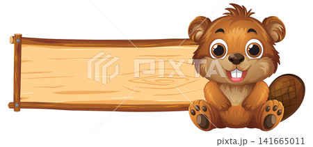 Cute Cartoon Beaver Character Sitting Next to a Blank Wooden Sign Cute Cartoon Beaver Character Sitting Next to a Blank Wooden Sign 141665011