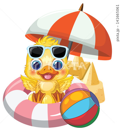 Cute Cartoon Duckling with Beach Accessories and Sandcastle Vector Illustration 141665061