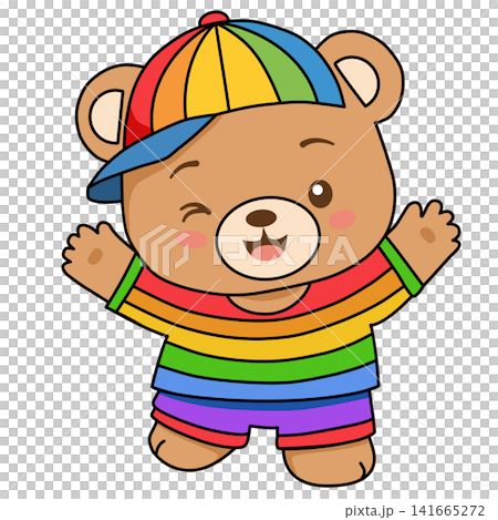 Happy cute teddy bear wearing rainbow cap and striped shirt for LGBT pride month kids birthday summer holiday sticker print visual graphic clipart artwork design icon element 141665272