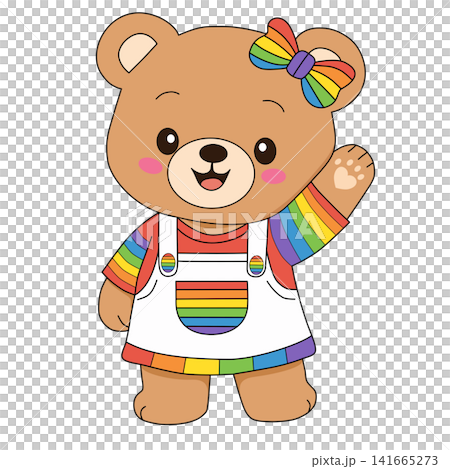 Cute teddy bear character with rainbow hair bow wearing white overalls for LGBT pride month kids room baby shower sticker print visual graphic clipart artwork design icon element Cute teddy bear character with rainbow hair bow wearing white overalls for LGBT pride month kids room baby shower sticker print visual graphic clipart artwork design icon element 141665273