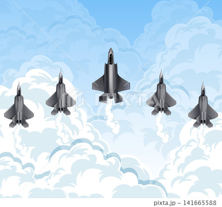 Stealth Fighter Jets Flying in Formation Over White Clouds Vector Illustration Stealth Fighter Jets Flying in Formation Over White Clouds Vector Illustration 141665588
