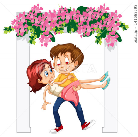 Cartoon Man Carrying Woman Under Floral Archway Illustration Cartoon Man Carrying Woman Under Floral Archway Illustration 141665595