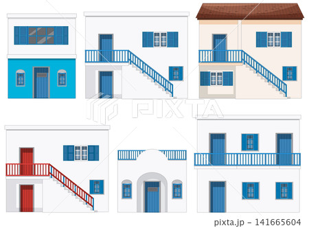 Mediterranean Style White and Blue Coastal House Vector Illustration Set Mediterranean Style White and Blue Coastal House Vector Illustration Set 141665604