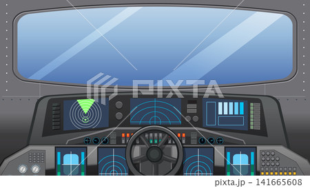 Futuristic Spaceship Cockpit Interior with Control Panel and Radar Screens Futuristic Spaceship Cockpit Interior with Control Panel and Radar Screens 141665608