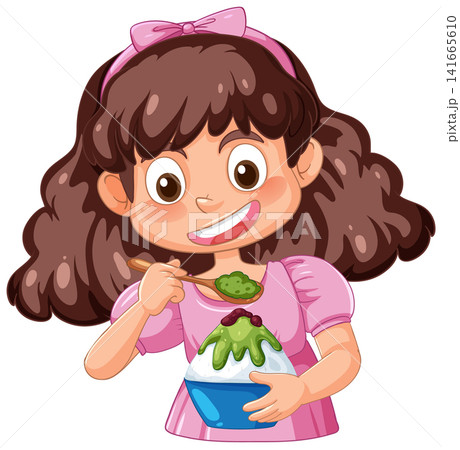 Smiling Girl Eating Shaved Ice Dessert with Spoon Smiling Girl Eating Shaved Ice Dessert with Spoon 141665610