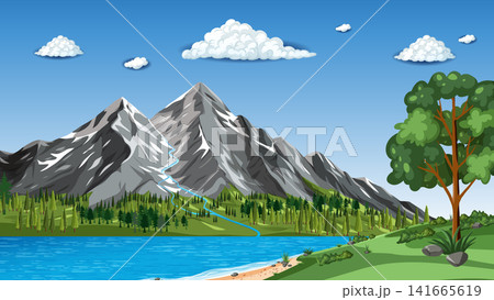 Vector Illustration of Snow Capped Mountain Peaks and Blue Lake Vector Illustration of Snow Capped Mountain Peaks and Blue Lake 141665619