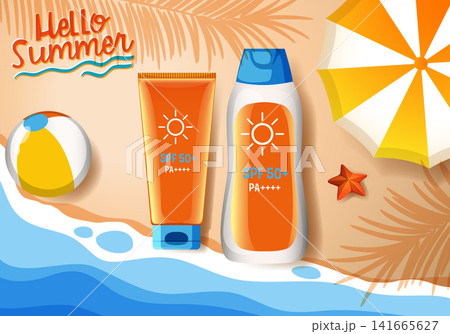 Sunscreen Protection Products on Sandy Beach with Summer Vacation Elements Sunscreen Protection Products on Sandy Beach with Summer Vacation Elements 141665627