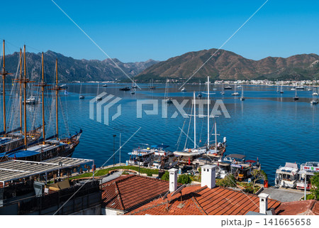 Marmaris marina and harbor panoramic view from above in Turkey 141665658