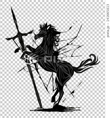 Artistic silhouette painting of a leaping horse, sword, and cracks Artistic silhouette painting of a leaping horse, sword, and cracks 141665813