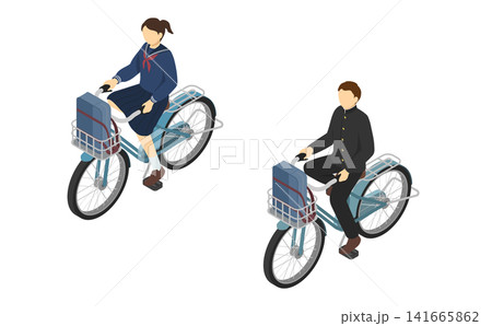 アイソメトリックイラスト:自転車に乗る中学生男女(前 冬服) アイソメトリックイラスト:自転車に乗る中学生男女(前 冬服) 141665862