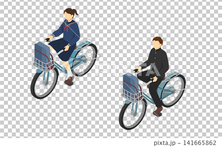 Isometric illustration: Middle school boys and girls riding bicycles (front view, winter clothes) Isometric illustration: Middle school boys and girls riding bicycles (front view, winter clothes) 141665862