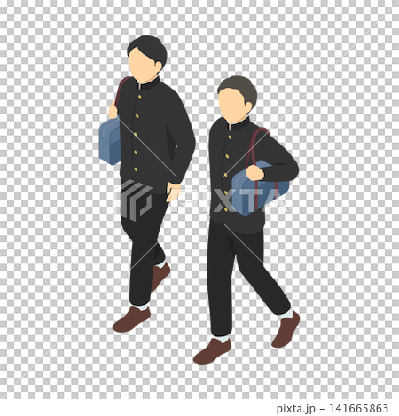 Isometric illustration: Two middle school boys walking (in winter clothes) Isometric illustration: Two middle school boys walking (in winter clothes) 141665863