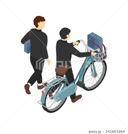 アイソメトリックイラスト：歩く中学生男と自転車を推して歩く中学生男子(冬服) 141665864