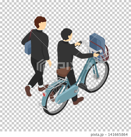 Isometric illustration: A middle school boy walking and another middle school boy pushing a bicycle (winter clothes). 141665864