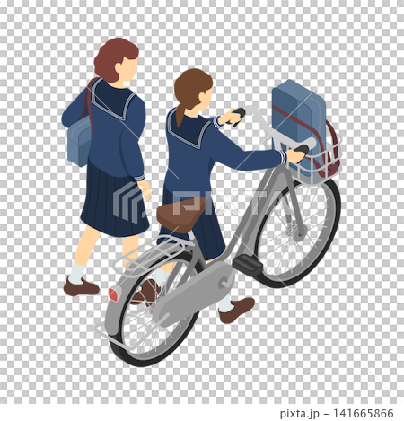 等距插圖:一名國中女生行走,另一名國中女生推著自行車(背景穿著冬季服裝)。 等距插圖:一名國中女生行走,另一名國中女生推著自行車(背景穿著冬季服裝)。 141665866