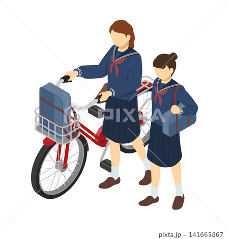 アイソメトリックイラスト:歩く中学女子と自転車を推して歩く中学生女子(前 冬服) アイソメトリックイラスト:歩く中学女子と自転車を推して歩く中学生女子(前 冬服) 141665867