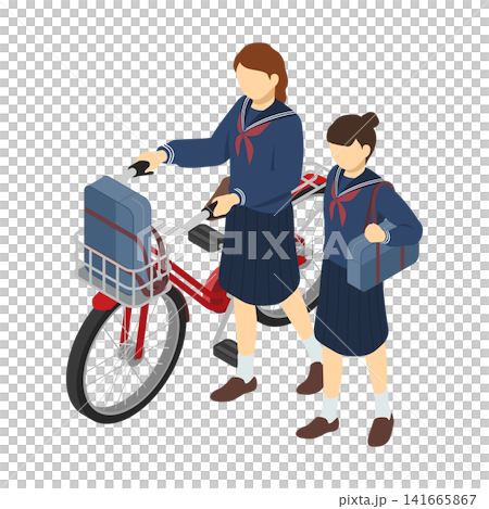 アイソメトリックイラスト:歩く中学女子と自転車を推して歩く中学生女子(前 冬服) アイソメトリックイラスト:歩く中学女子と自転車を推して歩く中学生女子(前 冬服) 141665867