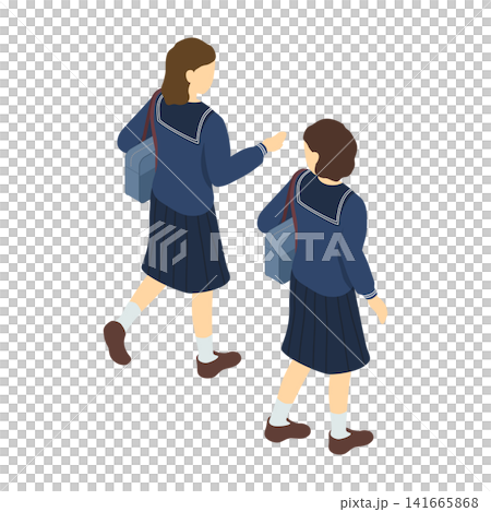 Isometric illustration: Two middle school girls walking (in winter clothes, in the background) 141665868