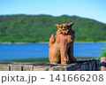 青空と緑の山を背景に堂々とたたずむ石垣島底原ダムの勇ましいシーサー像の風景 青空と緑の山を背景に堂々とたたずむ石垣島底原ダムの勇ましいシーサー像の風景 141666208