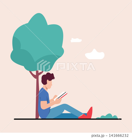 Young Man Reading Book Under Tree Outdoor Learning Vector Illustration Design 141666232