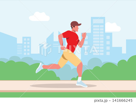 Male Runner Jogging in Urban Park Healthy Fitness Lifestyle Vector Illustration Design 141666245