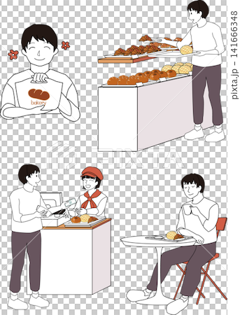 A set of images of a male customer shopping at a bakery. 141666348