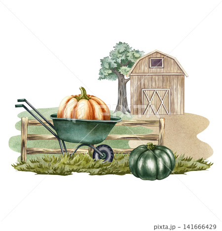 A rural yard. Hand-drawn watercolor illustration. A barn, a pumpkin on a wheelbarrow, and a fence. The concept of the agricultural industry. A design element for banners, labels, postcards, and more. A rural yard. Hand-drawn watercolor illustration. A barn, a pumpkin on a wheelbarrow, and a fence. The concept of the agricultural industry. A design element for banners, labels, postcards, and more. 141666429