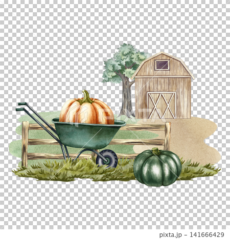 A rural yard. Hand-drawn watercolor illustration. A barn, a pumpkin on a wheelbarrow, and a fence. The concept of the agricultural industry. A design element for banners, labels, postcards, and more. A rural yard. Hand-drawn watercolor illustration. A barn, a pumpkin on a wheelbarrow, and a fence. The concept of the agricultural industry. A design element for banners, labels, postcards, and more. 141666429