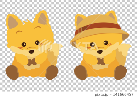 お座りをした、ぬいぐるみのキツネのイラスト2種類 お座りをした、ぬいぐるみのキツネのイラスト2種類 141666457
