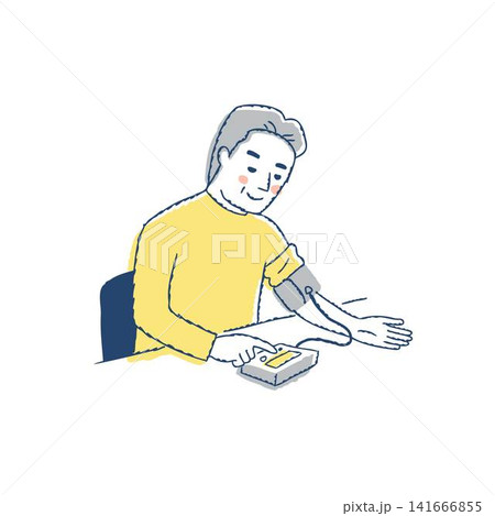 血圧計を使って血圧を測定するシニア男性 血圧計を使って血圧を測定するシニア男性 141666855