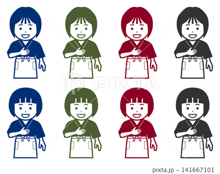 [単色] 胸に手を当てる作務衣に前掛けの女性のアイコン 141667101