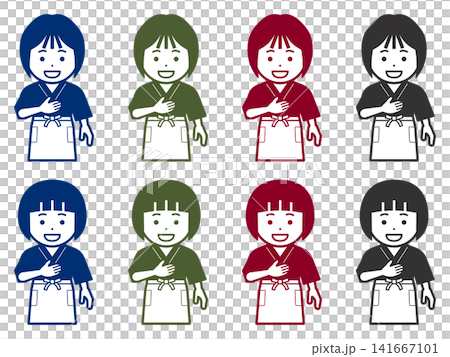 [単色] 胸に手を当てる作務衣に前掛けの女性のアイコン 141667101