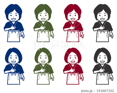 [単色] [髪型違い] 胸に手を当てる作務衣に前掛けの女性のアイコン 141667102