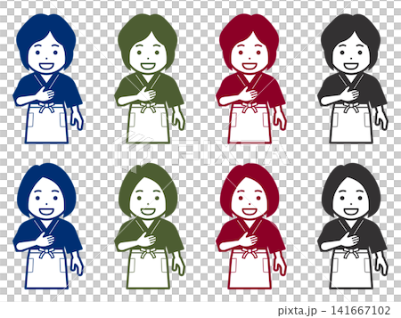 [単色] [髪型違い] 胸に手を当てる作務衣に前掛けの女性のアイコン 141667102