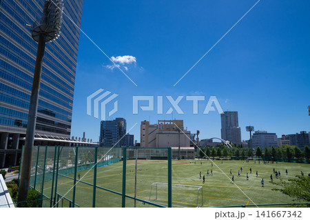 都会のウォーターフロント・天王洲公園サッカー場でプレーする人々と都市景観 都会のウォーターフロント・天王洲公園サッカー場でプレーする人々と都市景観 141667342