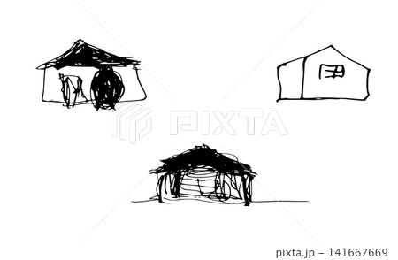 3つの家のモノクロ手描き線画セット 3つの家のモノクロ手描き線画セット 141667669