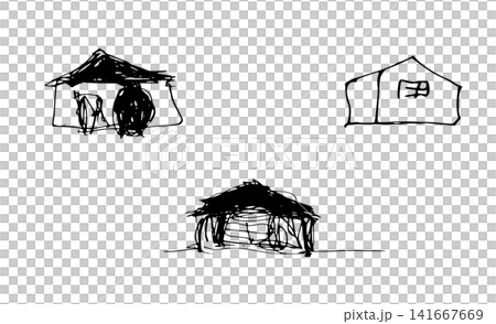 3つの家のモノクロ手描き線画セット 3つの家のモノクロ手描き線画セット 141667669