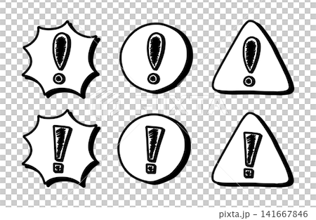 バッジ型・丸・三角の影付き手描きビックリマーク警告アイコンセット バッジ型・丸・三角の影付き手描きビックリマーク警告アイコンセット 141667846