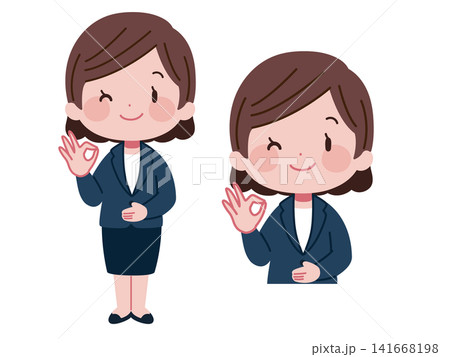 ウインクしてOKサインを出すスーツ姿のビジネス女性イラストセット ウインクしてOKサインを出すスーツ姿のビジネス女性イラストセット 141668198