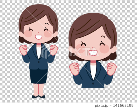 A set of illustrations of a businesswoman in a suit, smiling and making a victory pose with both hands. A set of illustrations of a businesswoman in a suit, smiling and making a victory pose with both hands. 141668199