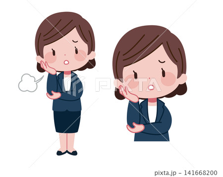 頬に手をあててため息をつくスーツ姿のビジネス女性イラストセット 頬に手をあててため息をつくスーツ姿のビジネス女性イラストセット 141668200