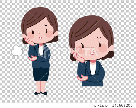 頬に手をあててため息をつくスーツ姿のビジネス女性イラストセット 頬に手をあててため息をつくスーツ姿のビジネス女性イラストセット 141668200