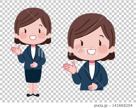 一組女性辦公室職員指示方向的插圖(全身像和上半身像)。 一組女性辦公室職員指示方向的插圖(全身像和上半身像)。 141668204