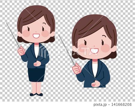 Illustration set of a female office worker (full body and upper body) explaining with a pointer stick. Illustration set of a female office worker (full body and upper body) explaining with a pointer stick. 141668208