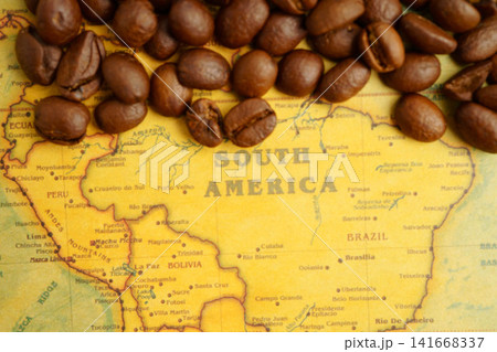 Bangkok, Thailand March 12, 2023 Coffee bean on world map, shopping online for export or import. 141668337