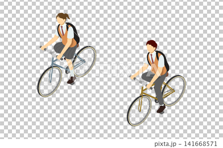 Isometric illustration: High school boy and girl riding bicycles (front view, summer clothes) Isometric illustration: High school boy and girl riding bicycles (front view, summer clothes) 141668571