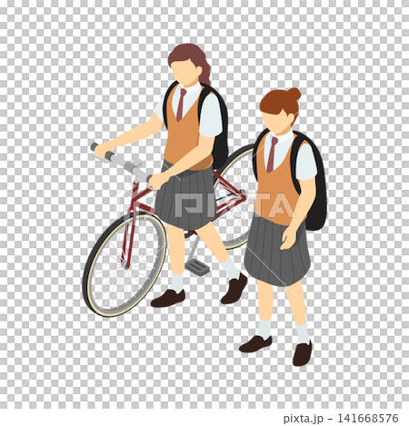 Isometric illustration: High school girl walking and high school girl pushing a bicycle (front, summer uniform) Isometric illustration: High school girl walking and high school girl pushing a bicycle (front, summer uniform) 141668576