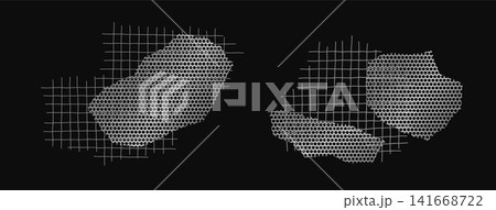 Set of torn metal steel grid vector collection on black background. Gray mesh fragments, ripped strips, rough frames, and distressed industrial texture Set of torn metal steel grid vector collection on black background. Gray mesh fragments, ripped strips, rough frames, and distressed industrial texture 141668722