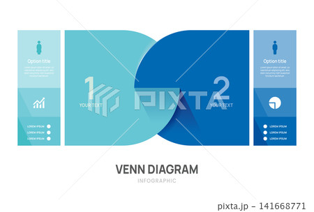 Venn diagram business infographic circle label chart template 2 options, presentation with icons elements vector illustration. 141668771